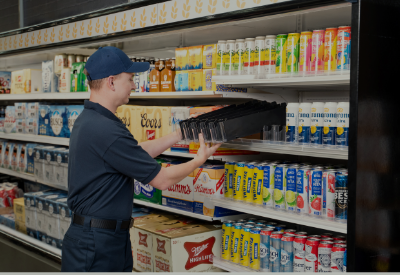 A Display Technologies employee setting up the shelves of a convenience store