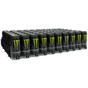 Branded Visi-Fast shelf with cans of Monster Energy