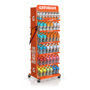 Orange Space to Sales rack with wheels, filled with Gatorade products